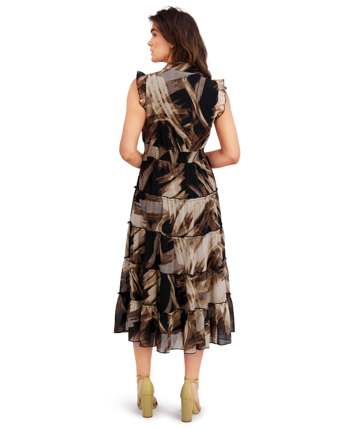 London Times Flutter Sleeve Tiered Chiffon Maxi Dress In Brown