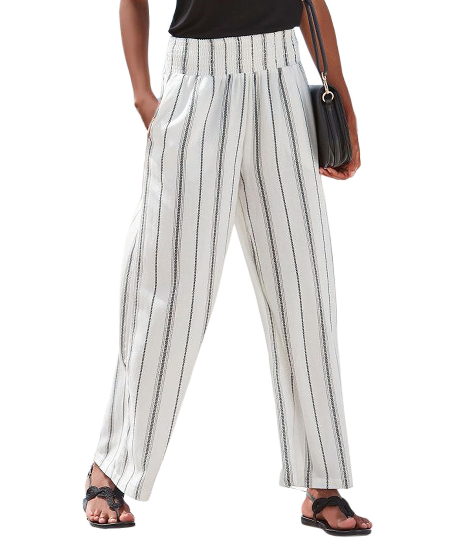 Women's Striped Wide Leg Smocked with Pockets Pants