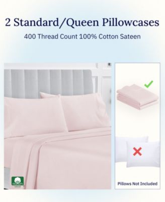 Pillowcase Set - 400 Thread Count, 100% Cotton Sateen, Set of 2 Pillow Covers, Breathable, Cooling, Soft for Quality Sleep