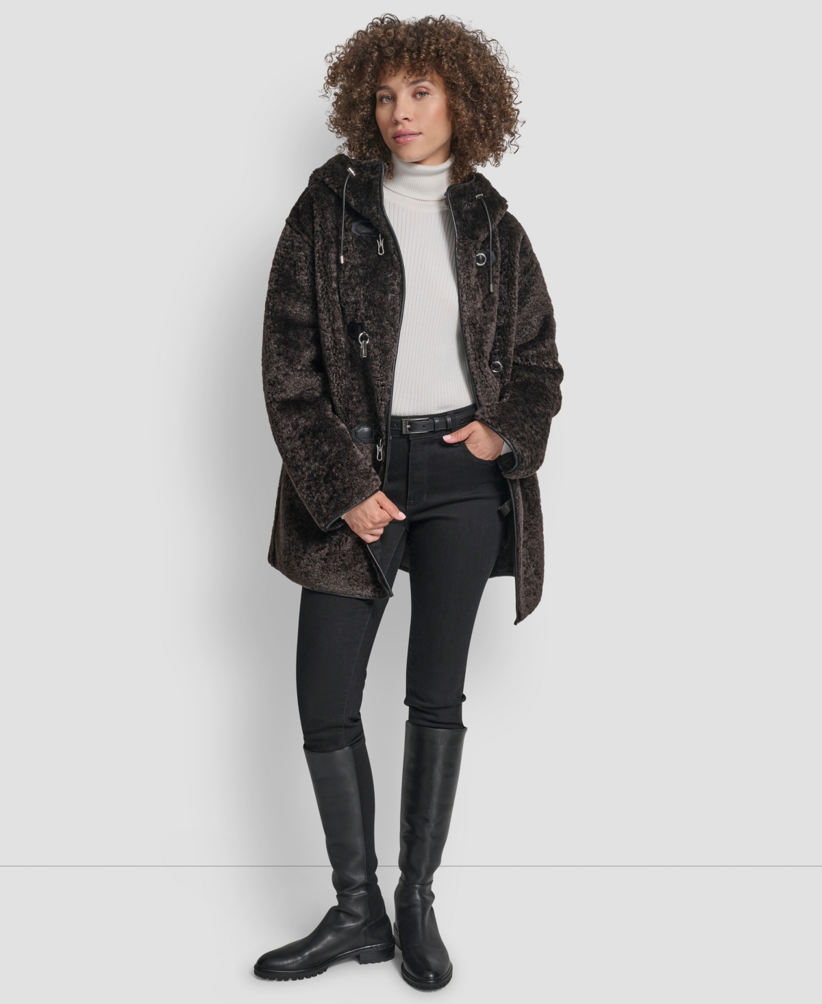 Dkny Womens Shearling Hooded Toggle Coat P Xs Xxl In Brown