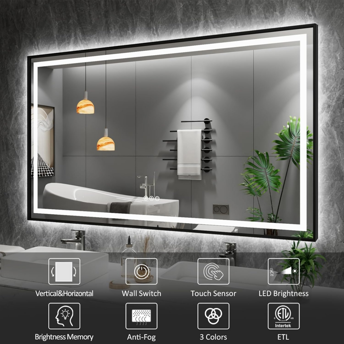 Amorho Led Bathroom Mirror, 72" x 40" Led Bathroom Mirror with Black Frame, Front Light and Backlit, Stepless Dimmable, Anti-Fog, Shatter-Pr