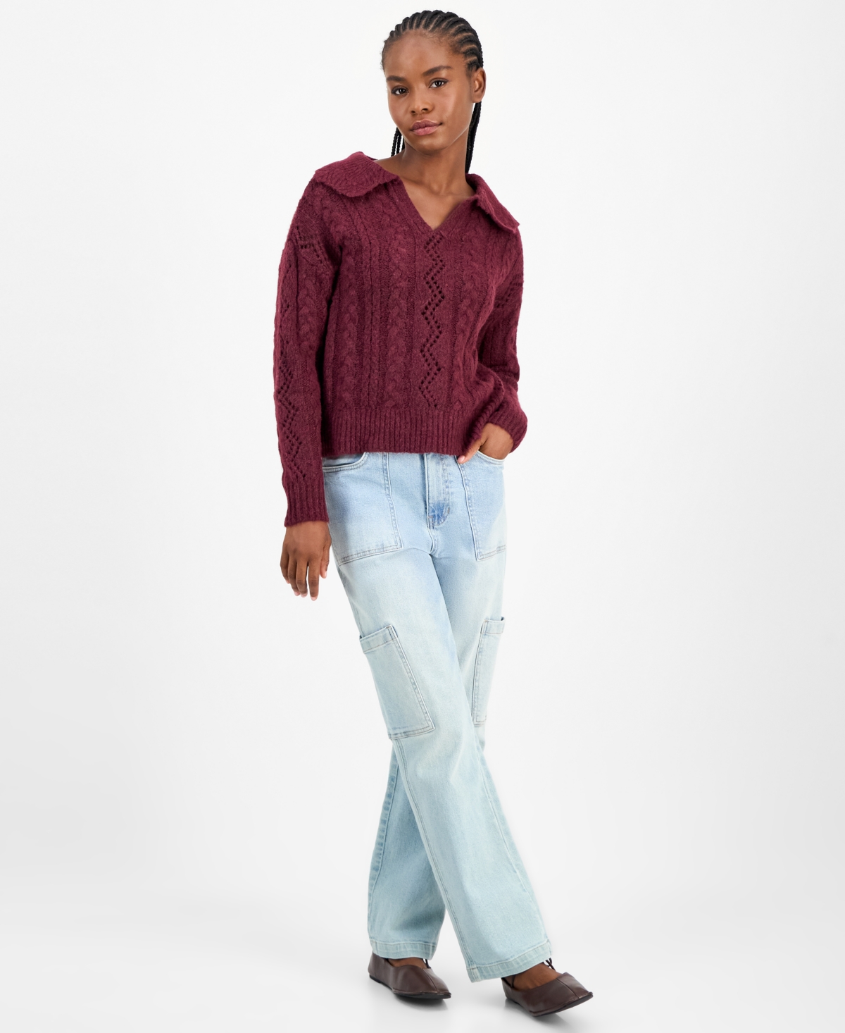 And Now This Women's Cable-knit Pointelle Polo Sweater, Macy's Exclusive In Burgundy