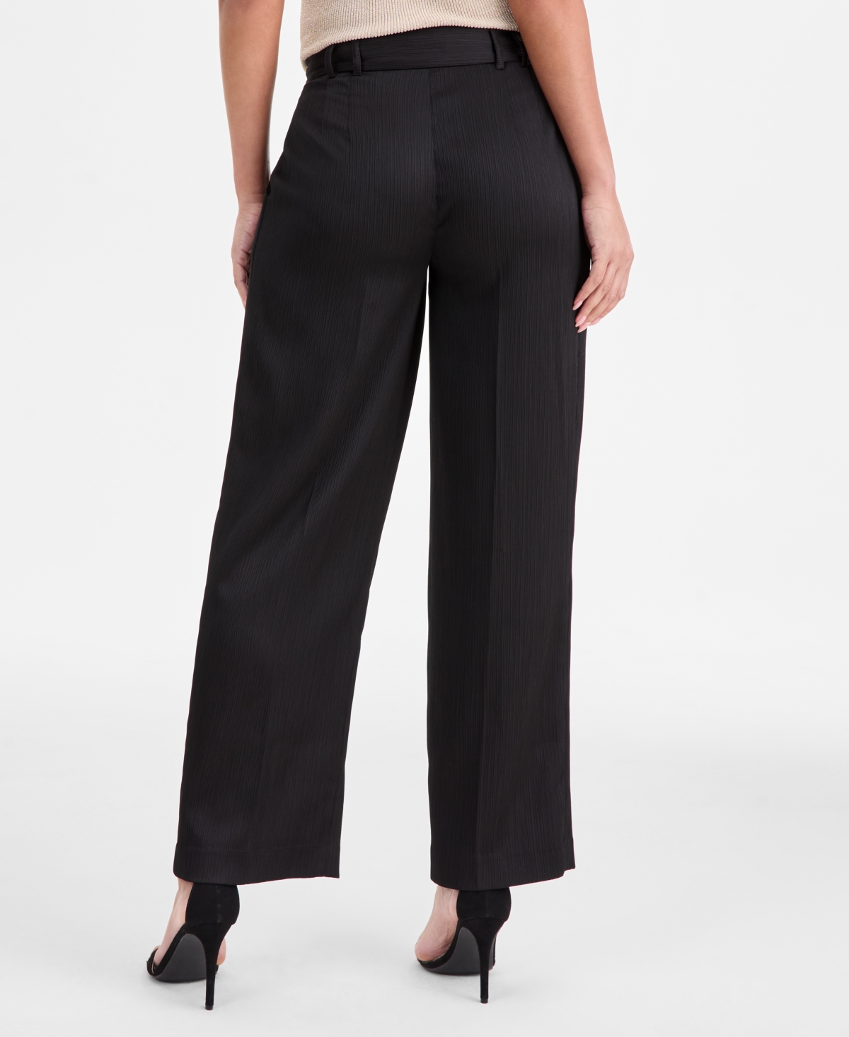 Tahari Asl Petite Crinkle-pleat Wide-leg Pants In Black