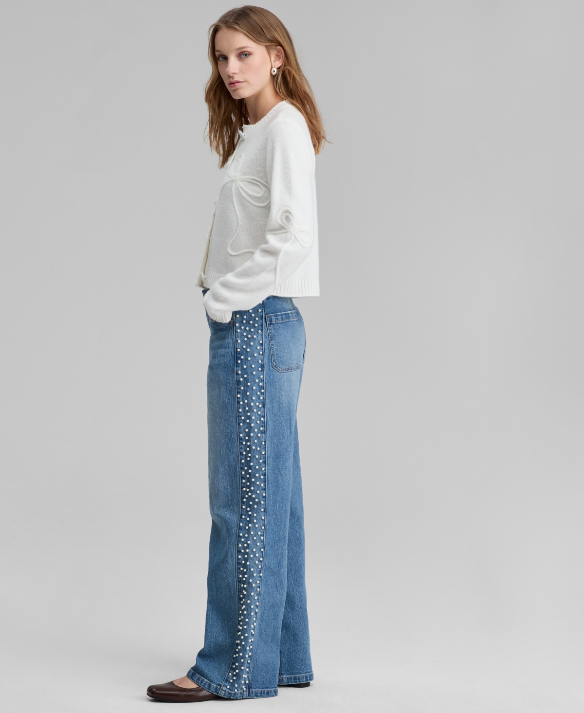 And Now This Women's High-rise Faux-pearl-side Wide-leg Jeans, Macy's Exclusive In Blue