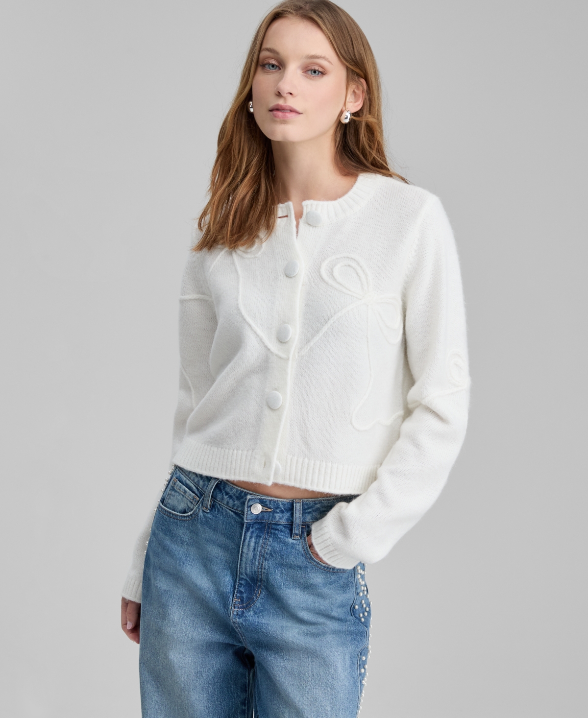 And Now This Women's Bow Embroidered Cropped Cardigan, Macy's Exclusive In White
