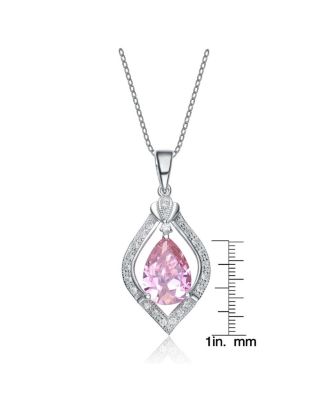 Sterling Silver White Gold Plated with Pink Teardrop and White Cubic Zirconia Pendant