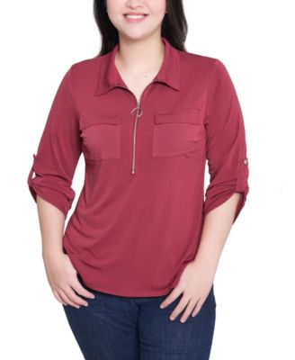 Petite 3/4 Sleeve Zip Front Top