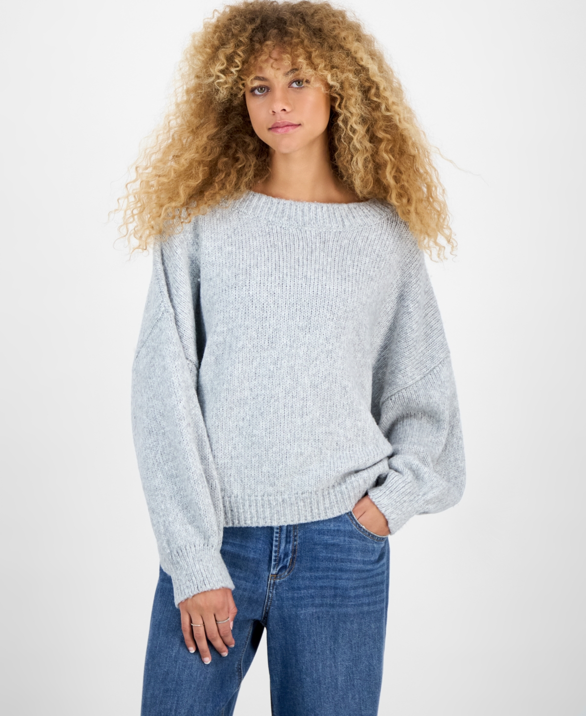 Hippie Rose Juniors' Slouchy Balloon-Sleeve Crewneck Sweater