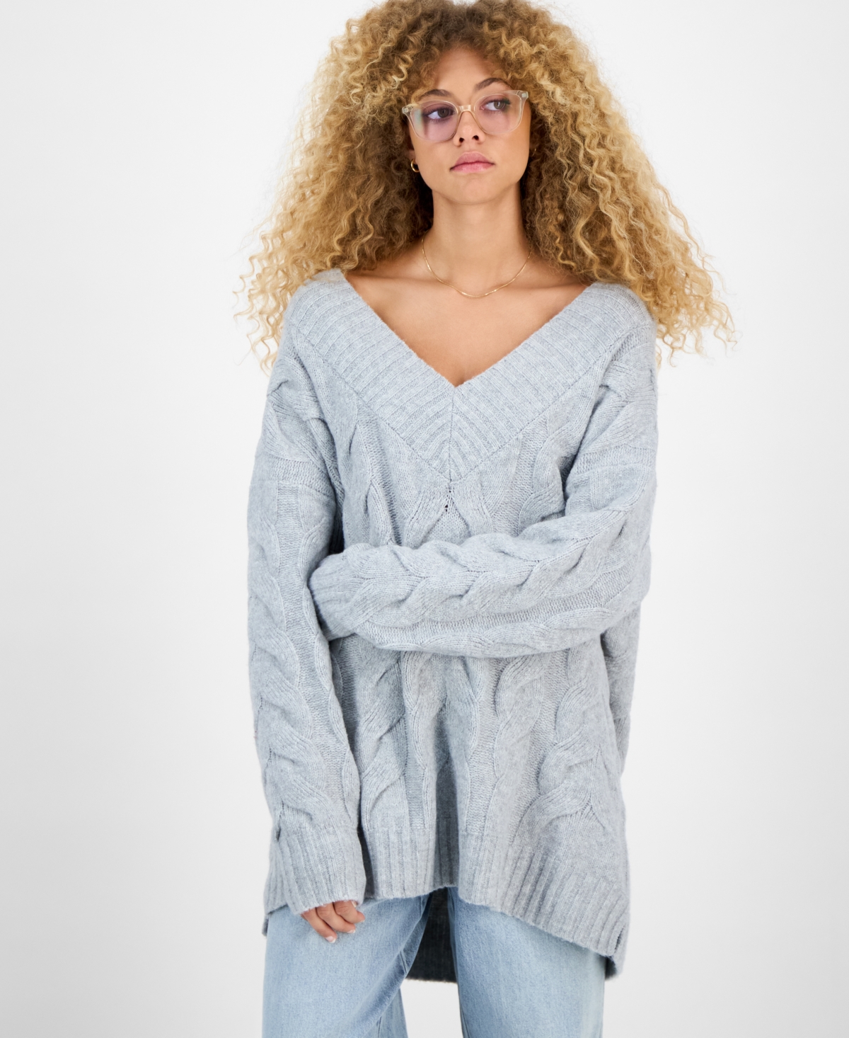 Hippie Rose Juniors' V-Neck Cable-Knit Sweater