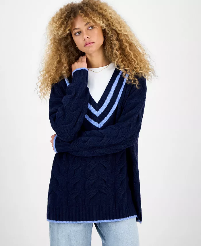 Juniors' V-Neck Cable-Knit Oversized Sweater