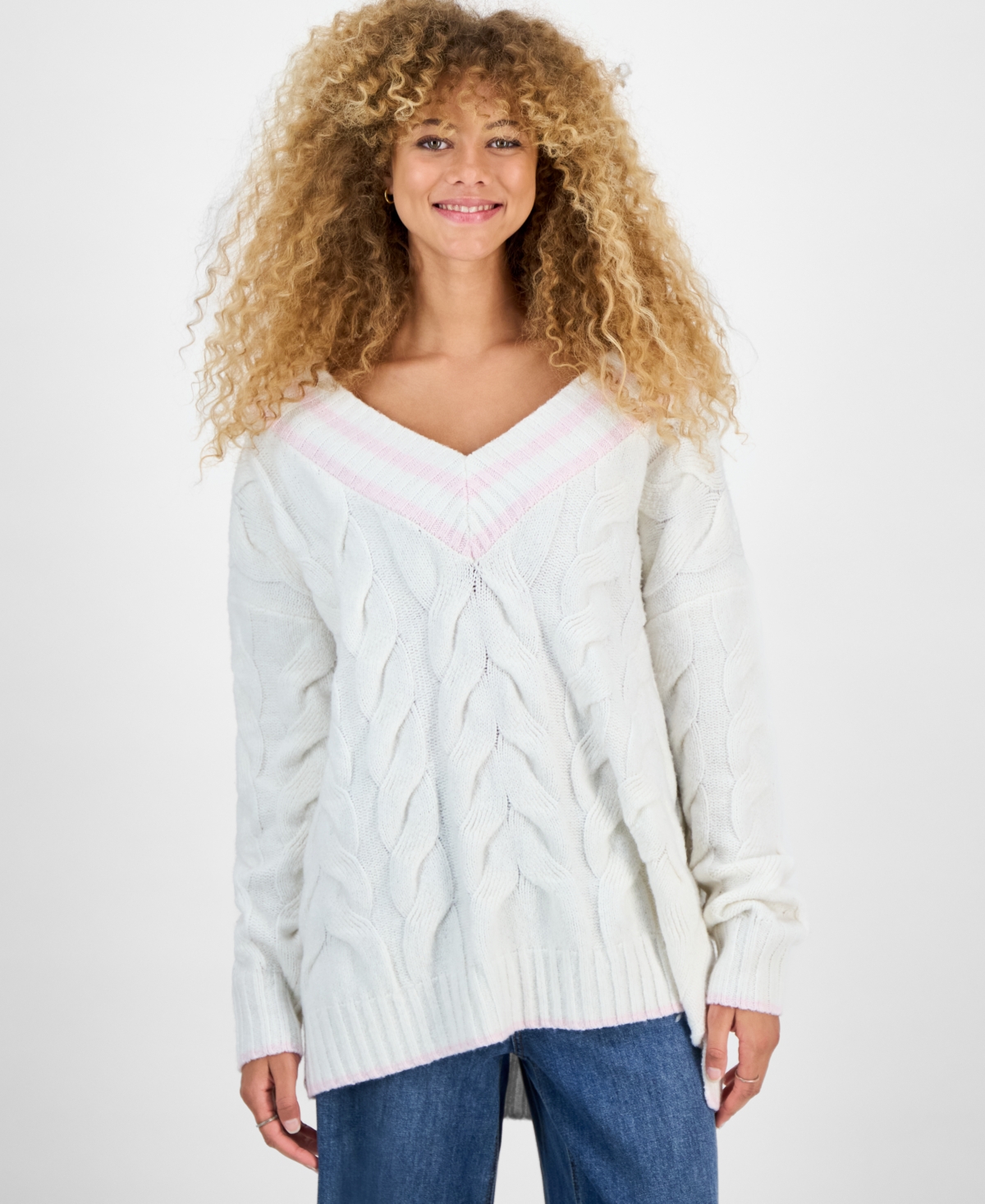 Hippie Rose Juniors' V-neck Cable-knit Sweater In White