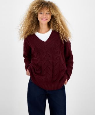 Juniors' V-Neck Cable-Knit Oversized Sweater