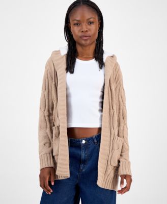 Madden Girl - Juniors' Sherpa-Lined Cable-Knit Open Cardigan