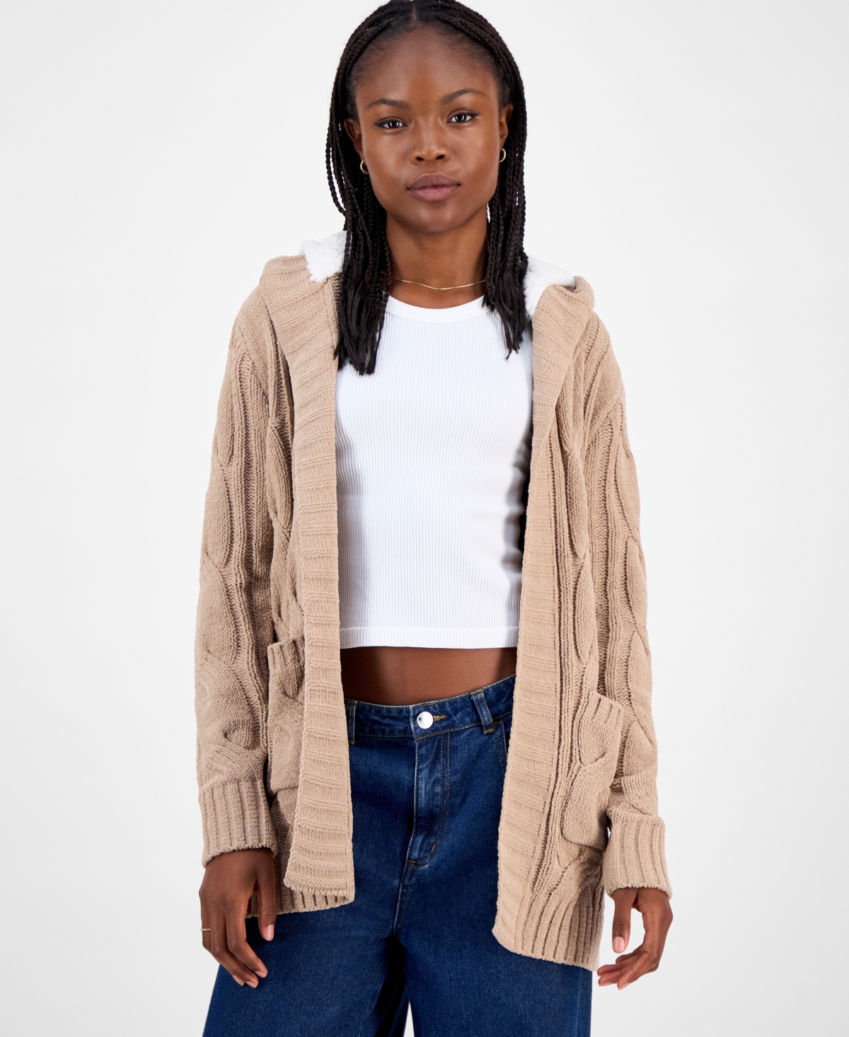 Madden Girl Juniors' Sherpa-lined Cable-knit Open Cardigan In Brown