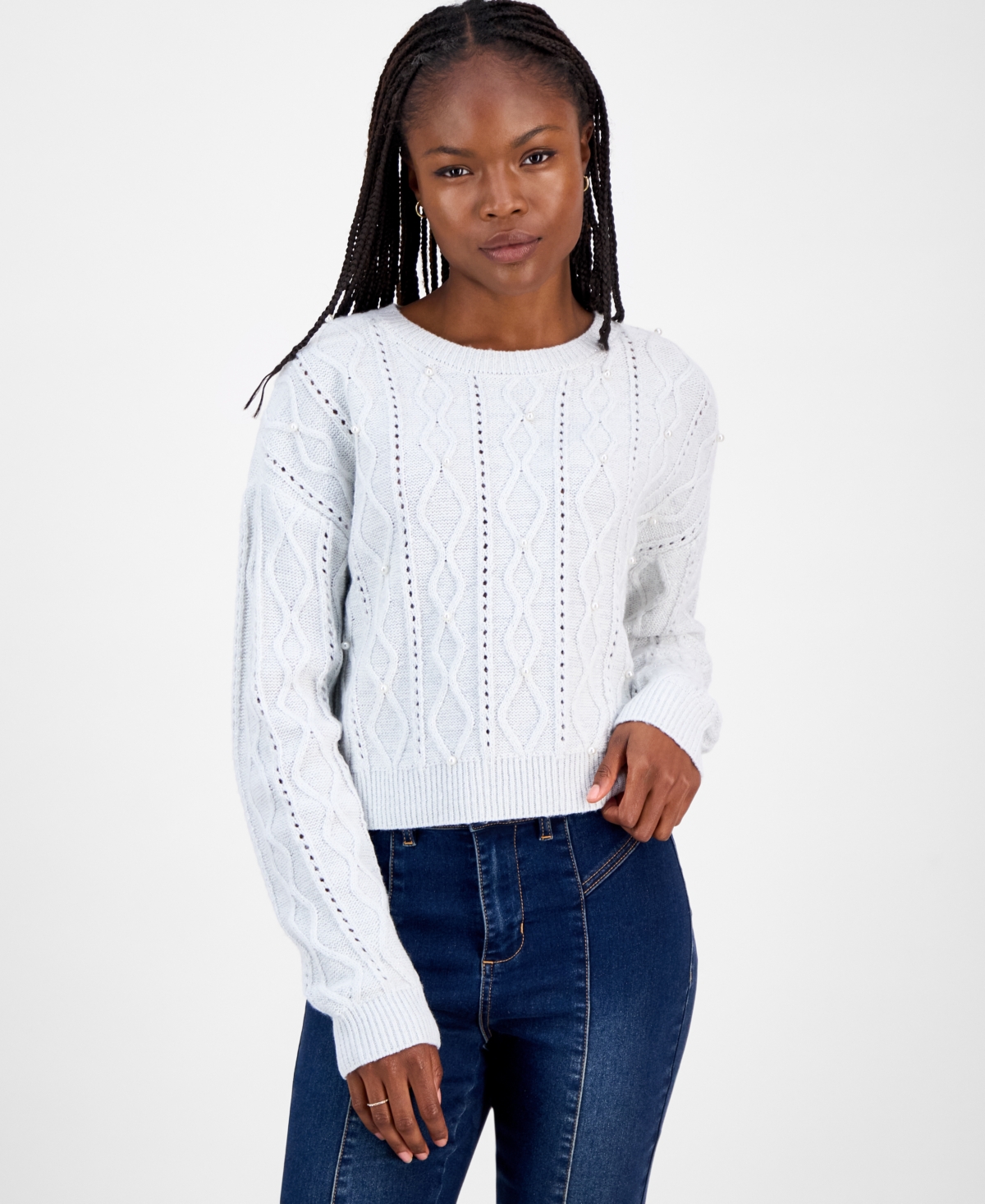 Madden Girl Juniors' Cable-knit Faux-pearl Crewneck Sweater In White
