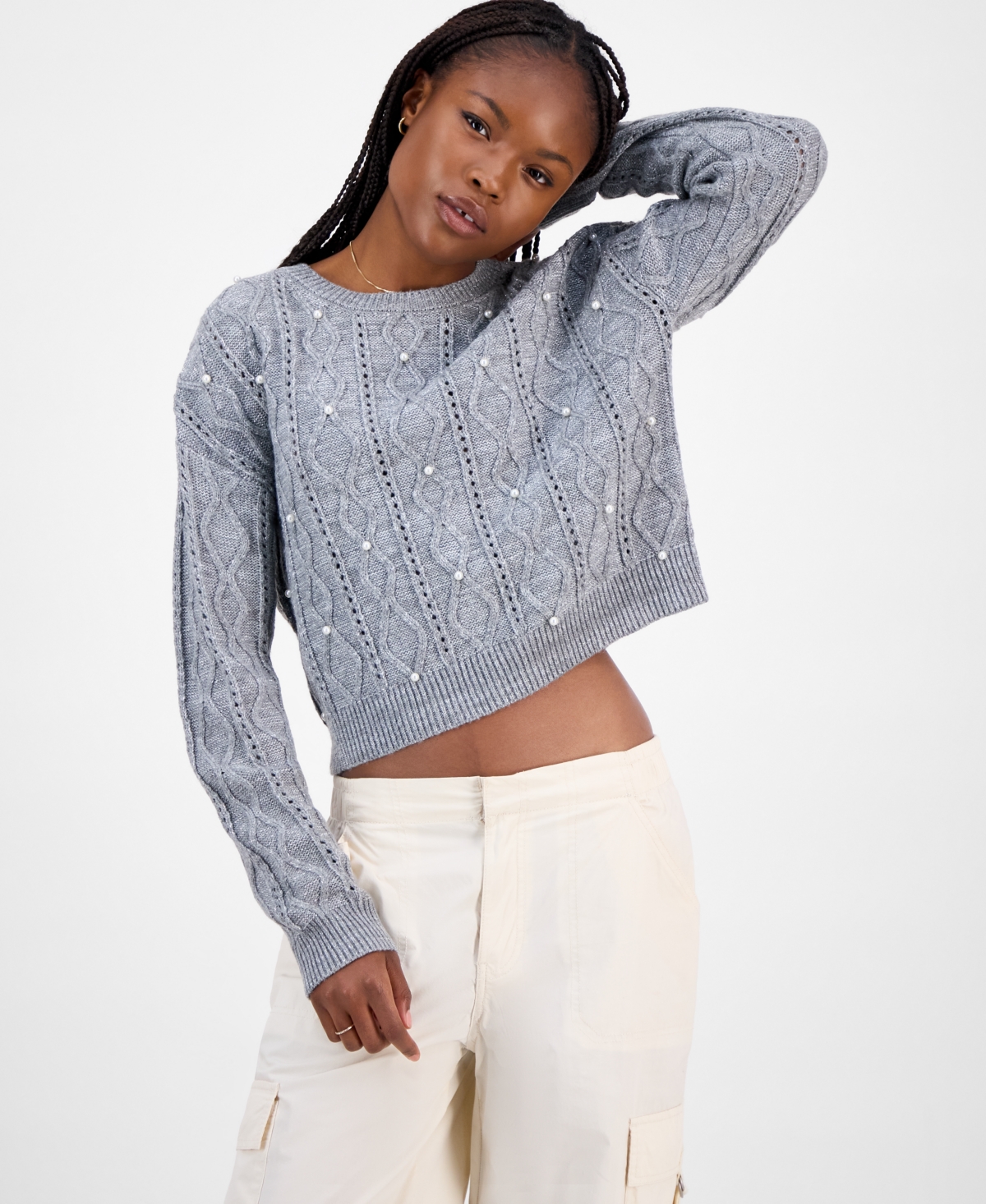 Madden Girl Juniors' Cable-knit Faux-pearl Crewneck Sweater In Gray