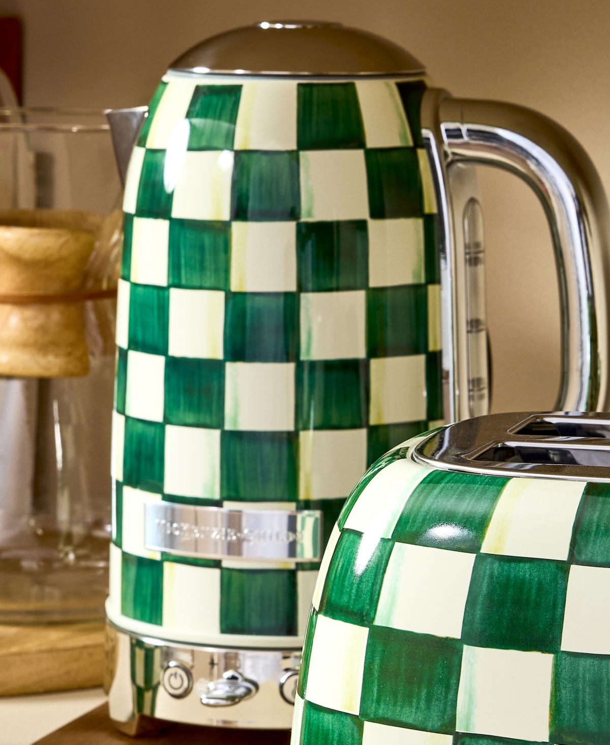 Mackenzie-childs Emerald Check Electric Kettle In Green