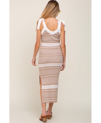 Maternity Taupe Striped Ribbed Sleeveless Knit Dress
