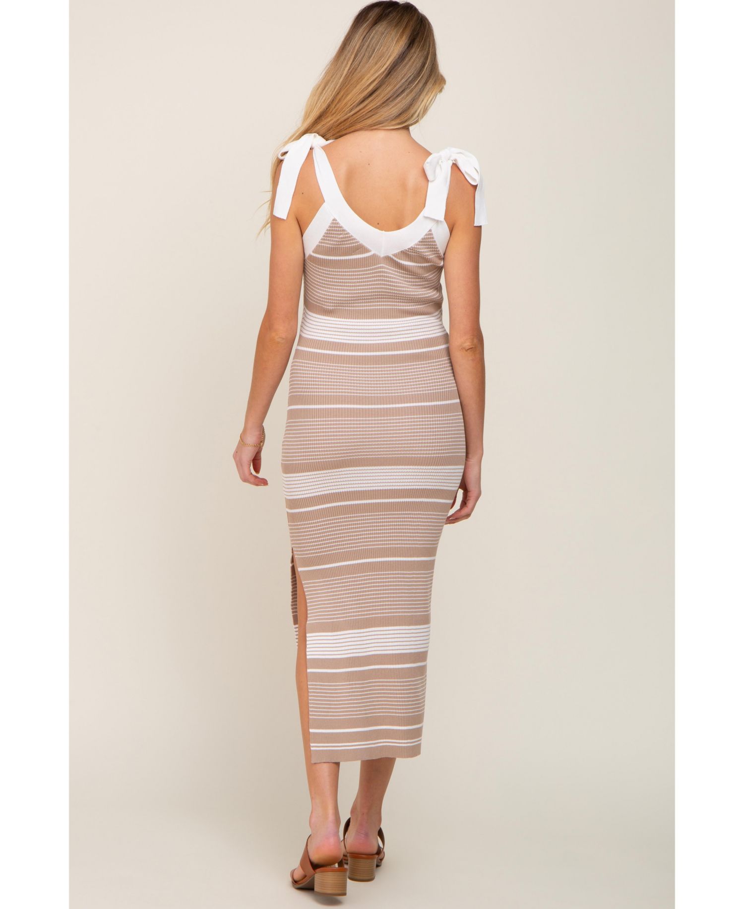 Women's Taupe Striped Ribbed Sleeveless Knit Dress