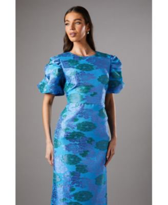 Women's Jacquard Floral Puff Sleeve Midi Dress
