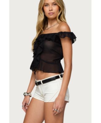 Women's Sheer Chiffon Ruffled Off Shoulder Top