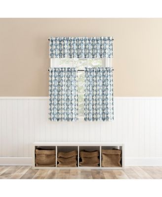 Seaside Tonal Seashell Print Semi-Sheer Rod Pocket Kitchen Curtain Tier Pair
