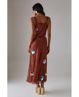 Women's Hand Embellished Flower Burst Midi Dress