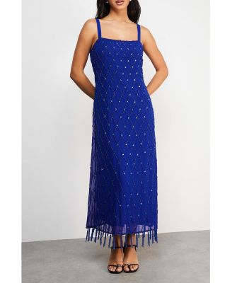 Hand Embellished Fringe Hem Midi Dress