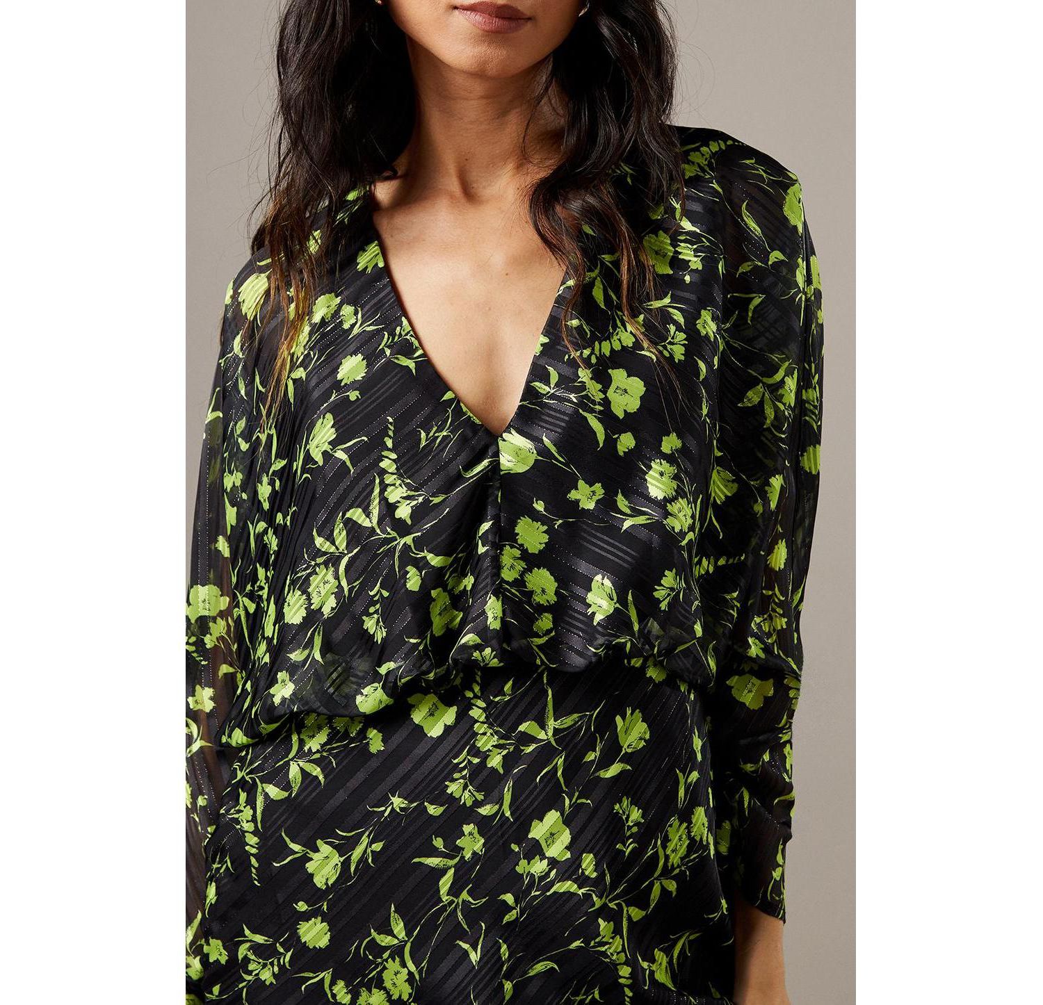 Women's Shadow Stripe Floral Batwing Midi Dress