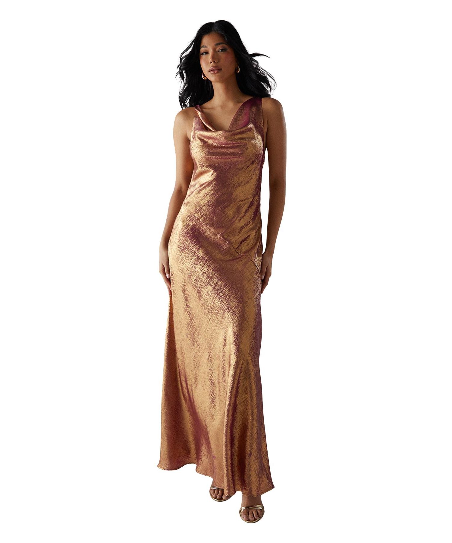 Women's Metallic Lame Cowl Neck Maxi Dress