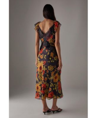 Women's Lace Insert Frill Sleeve Midi Dress