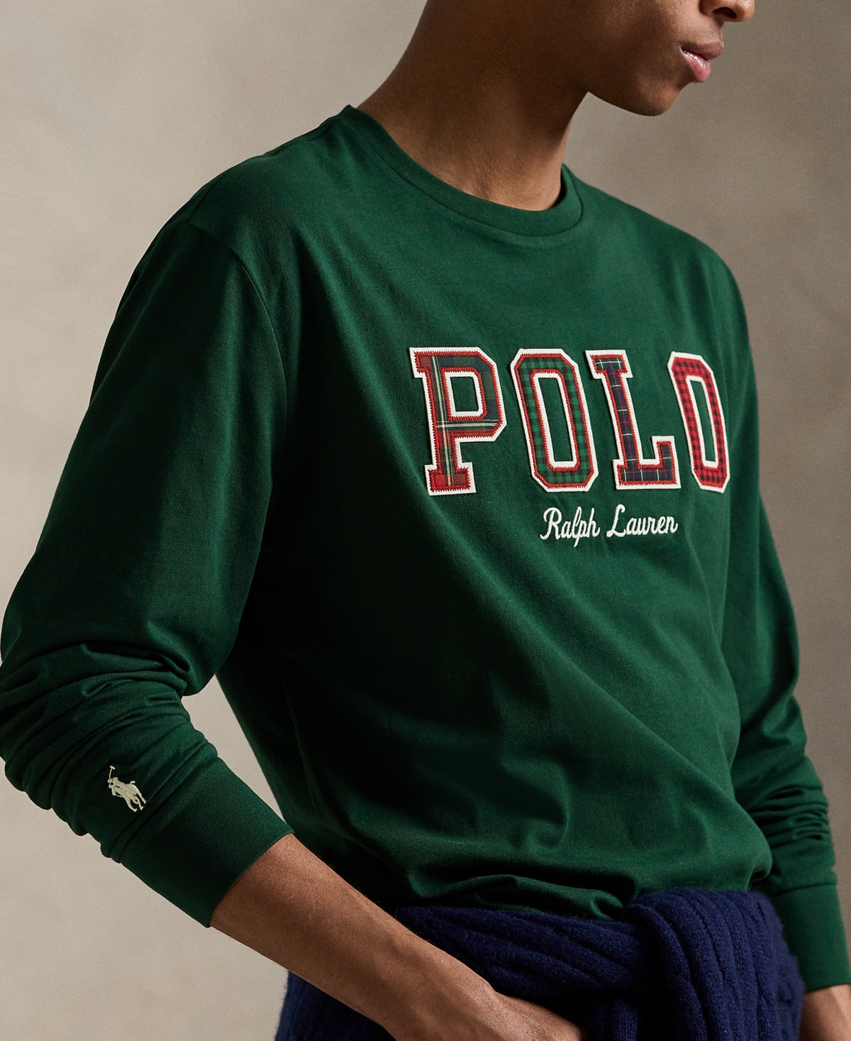 Polo Ralph Lauren Men's Long-sleeve Plaid-logo Applique T-shirt In Green