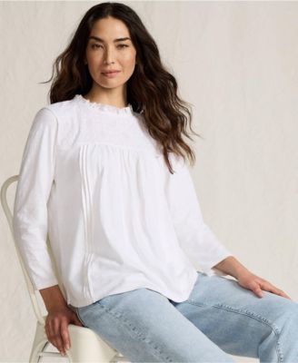 Women's 3/4 Sleeve Cotton Slub Lace Trim Top