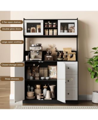 67" Kitchen Pantry Cabinet with Microwave Shelf, 3 Drawers, LED Lights & Countertop Tall Freestanding Storage Hutch for Dining Room.