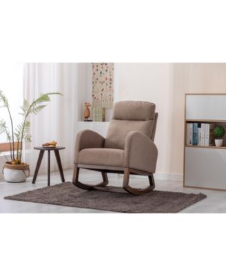 Modern Camel Linen Rocking Glider Chair with Wood Legs, Side Pocket & High Back for Living Room or Nursery