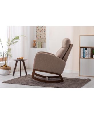 Modern Camel Linen Rocking Glider Chair with Wood Legs, Side Pocket & High Back for Living Room or Nursery