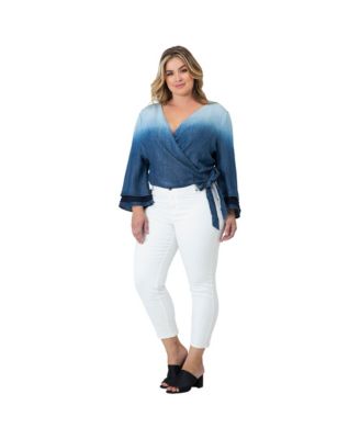 Plus Size Dip Dye Bell Sleeve Denim Wrap Crop Top