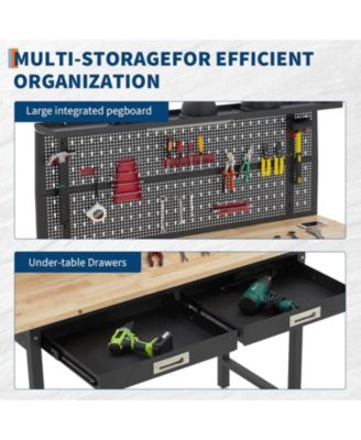 60" Heavy-Duty Metal and Wood Workbench with Drawers, Pegboard, and LED Lighting Tool Storage Table