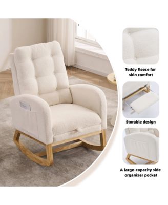 Plush Accent Rocking Chair with Footrest, Cream White High-Back Rocker, Rubber Wood Lounge Chair for Nursery & Living Room