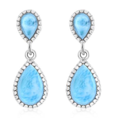 Silver, Double Pear-Shaped Larimar w/Beaded Border Earrings