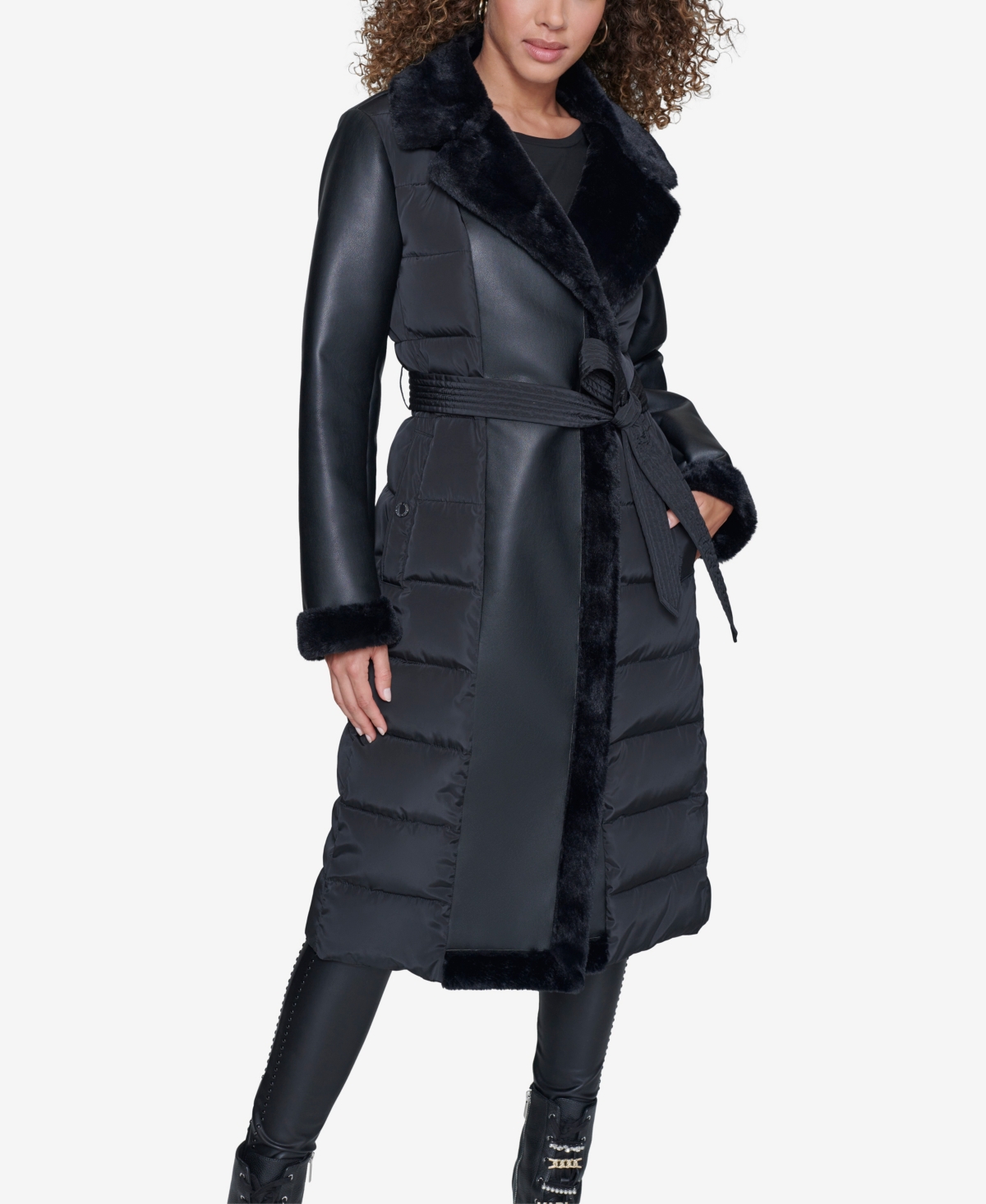 Karl Lagerfeld Paris Faux Fur Trim Quilted Coat In Black