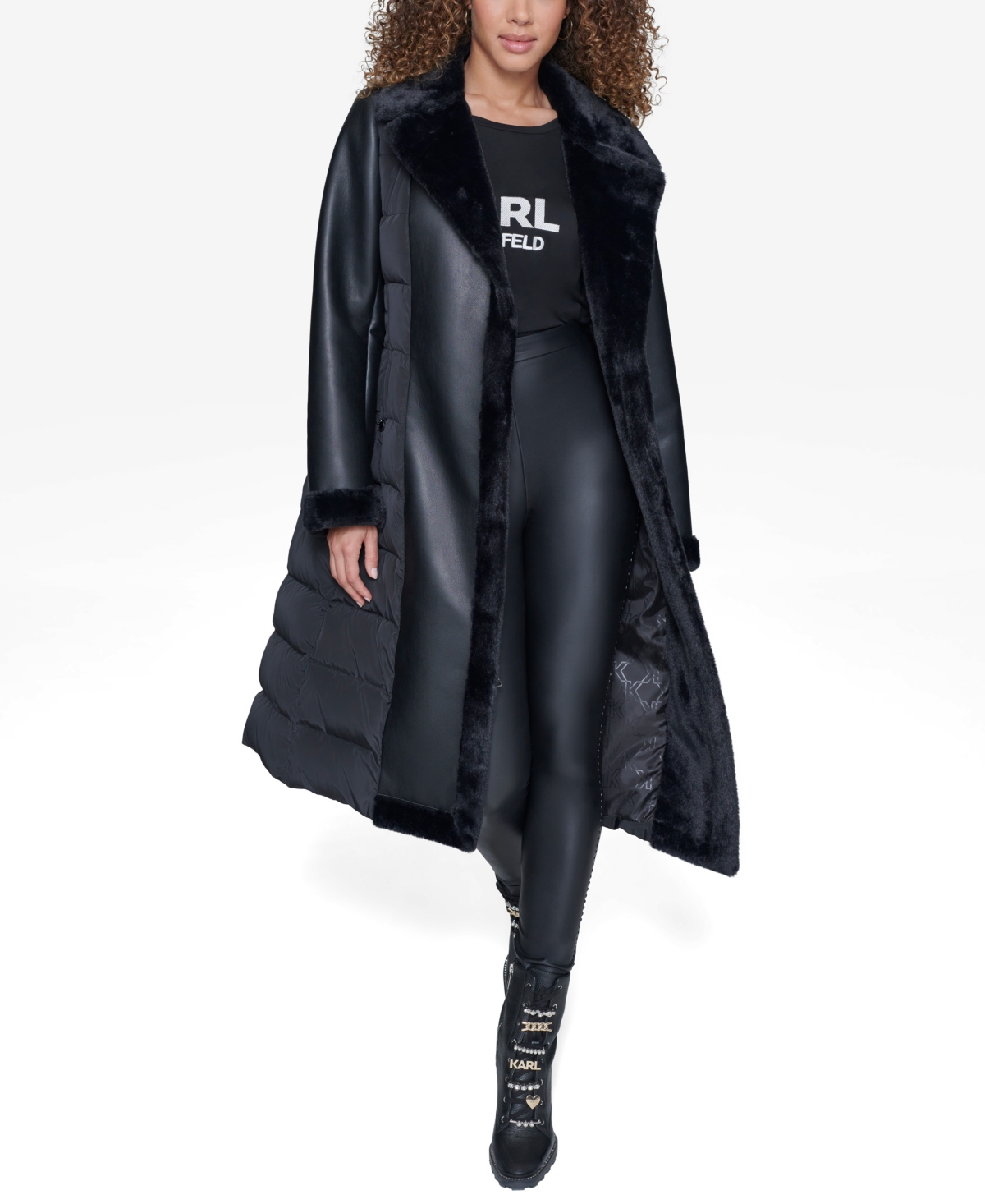 Karl Lagerfeld Paris Faux Fur Trim Quilted Coat In Black