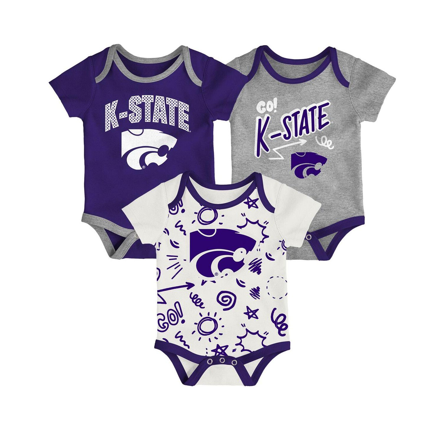 Baby Boys and Girls Kansas State Wildcats 3-Pack All Day Play Bodysuit Set