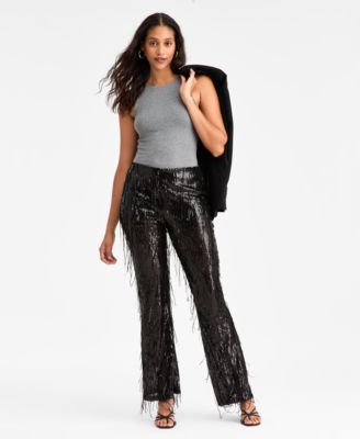 Bar III - Women's Sequined Fringe High Rise Fitted Pants