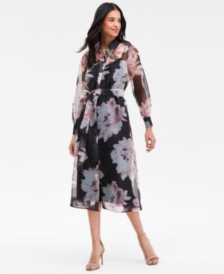 Anne Klein - Women's Floral Organza Long-Sleeve Shirtdress
