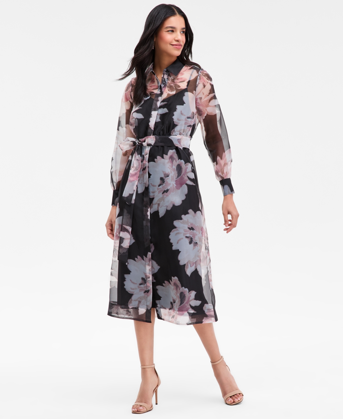 Anne Klein Women's Floral Organza Long-Sleeve Shirtdress
