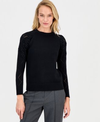 Anne Klein - Women's Flower-Trim Long-Sleeve Sweater