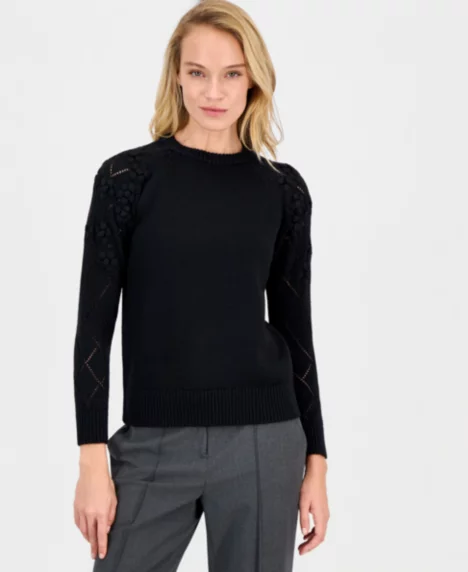 Petite Floral-Trim Pointelle-Sleeve Sweater - Anne Black