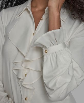 Women's Button Down Ruffle Front Blouse