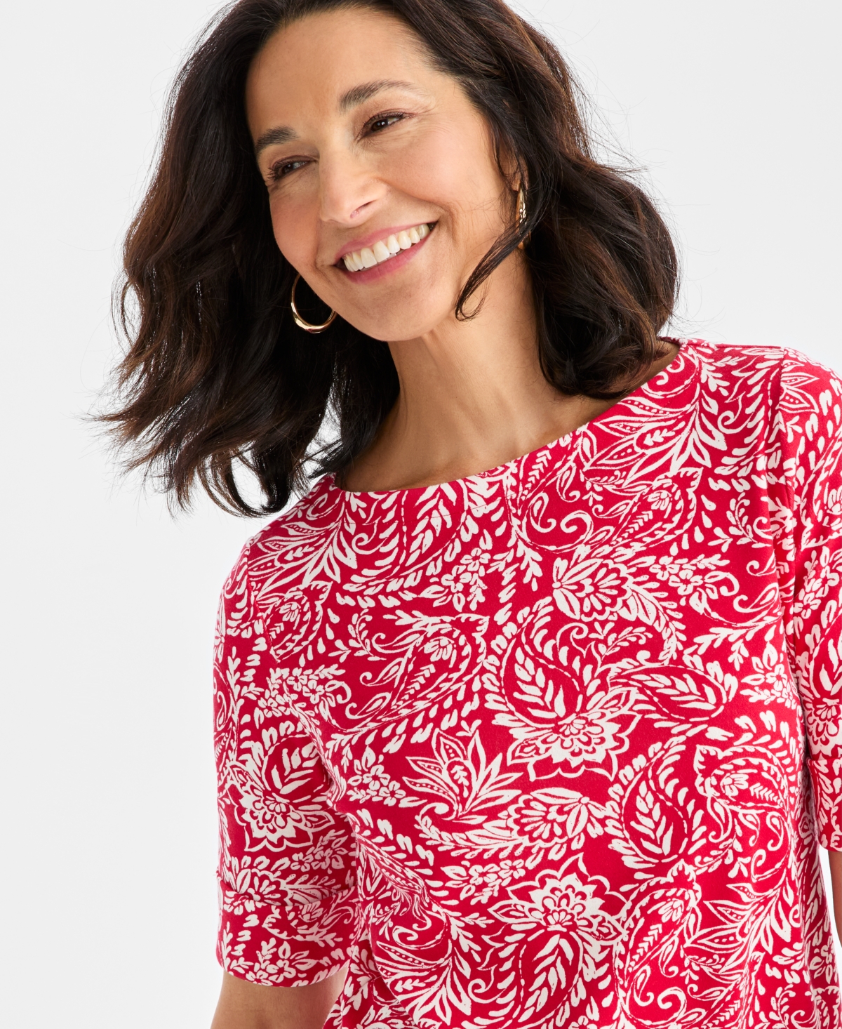 Style & Co Women's Printed Boat-Neck Elbow-Sleeve Top, Macy's Exclusive